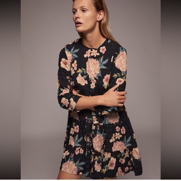ZARA Sharon Floral Print 3/4 Sleeve Babydoll Mini Dress Size XL - Picture 1 of 10